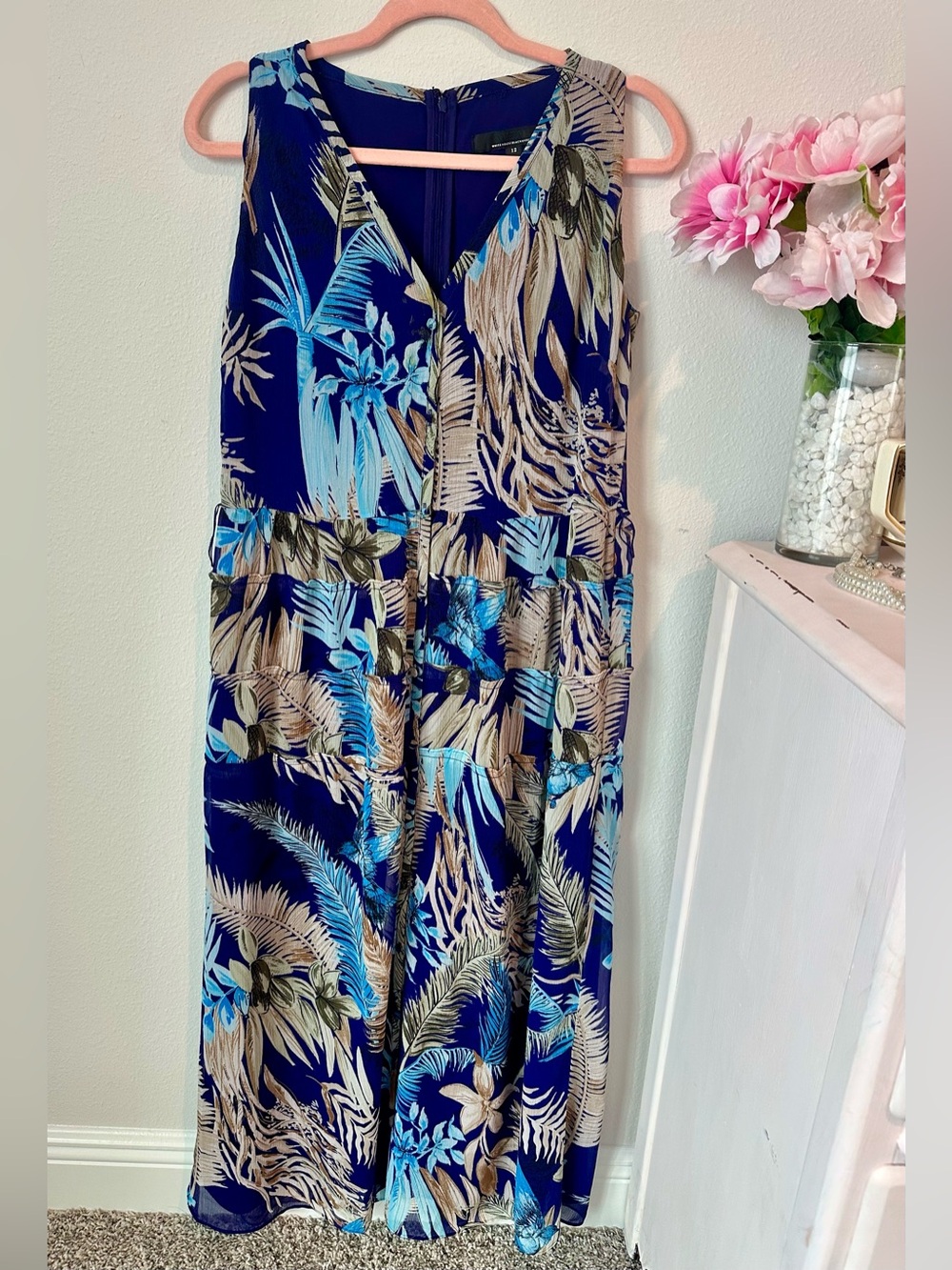 White House Black Market Blue and Tan Floral V-Neck Dress